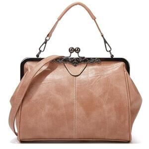 6636 Retro Kiss Lock Handbag Purse Oil Wax PU Small Tote Satchels Shoulder